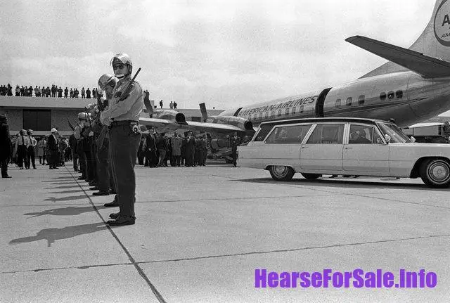 1966 Cadillac Superior Royale Coach (Martin Luther King Jr.'s hearse) at the airport, funeral service