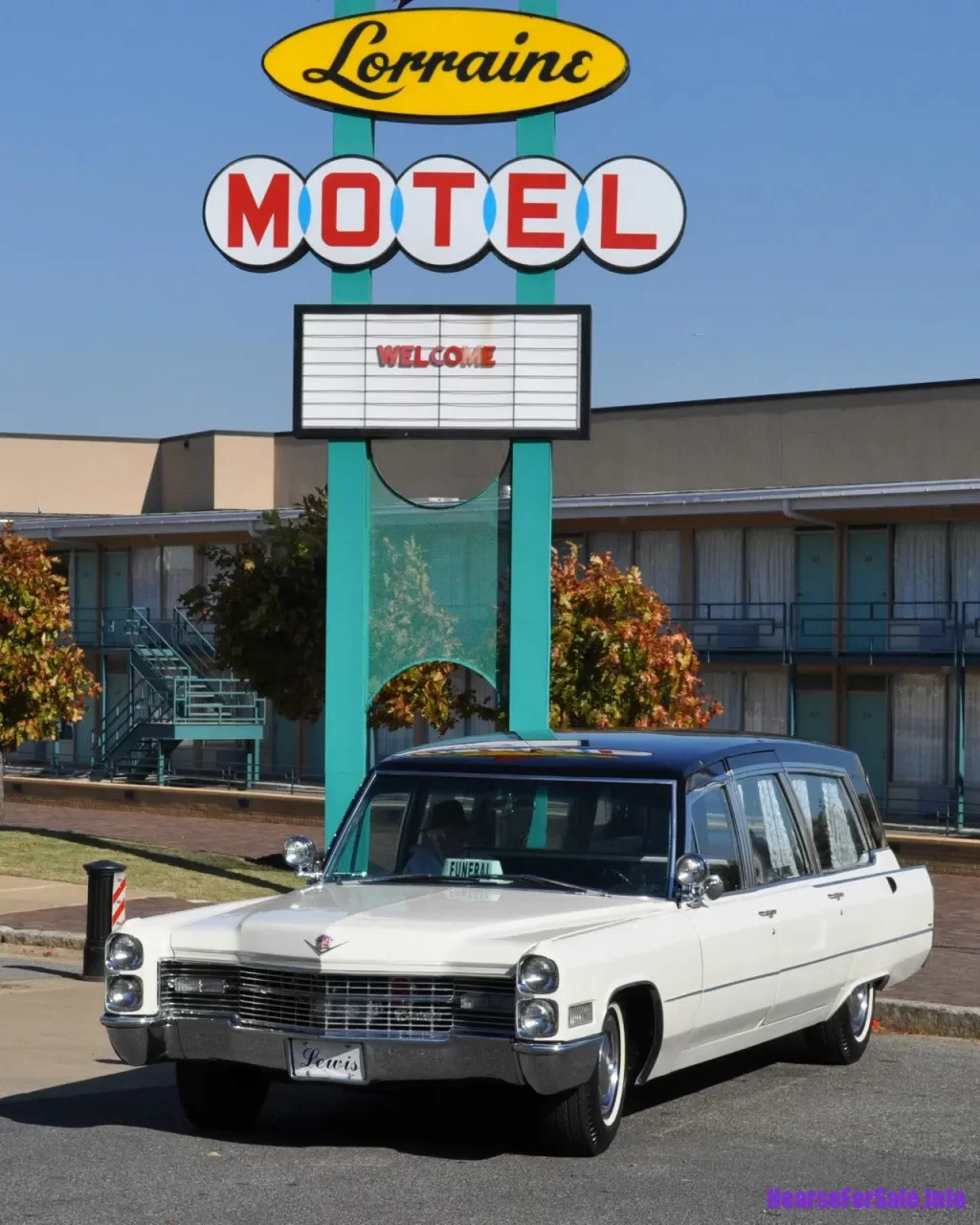 1966 Cadillac Superior Royale Coach (Martin Luther King Jr.'s hearse) front drivers side view, parked in front of Lorraine Motel