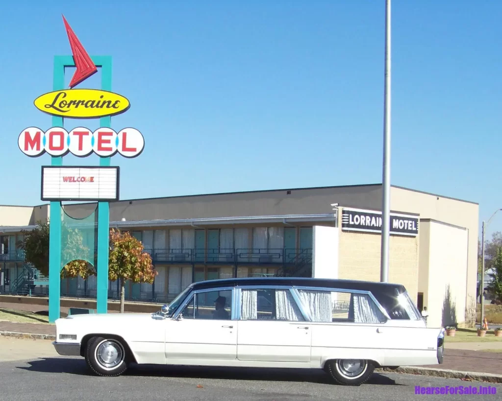 1966 Cadillac Superior Royale Coach (Martin Luther King Jr.'s hearse) driver side view, in front of Lorraine Motel.
