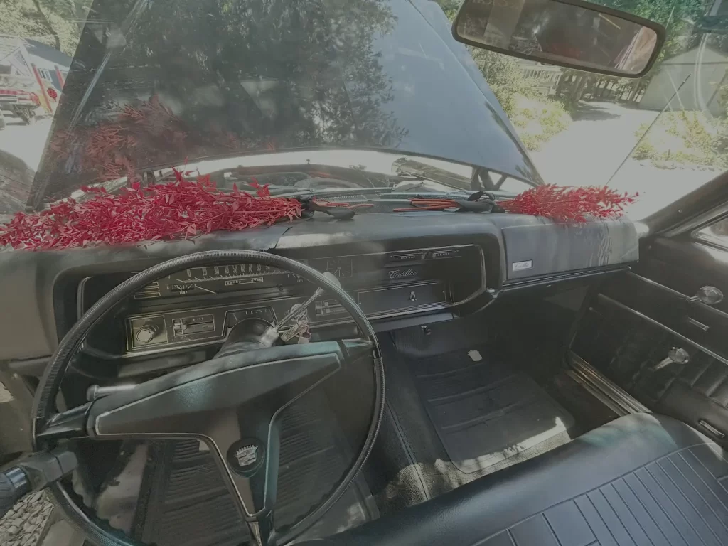 Interior view of a Cadillac dashboard with a red decorative garland across the windshield.