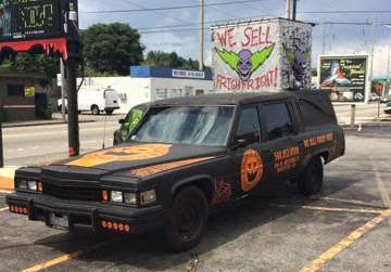 1978 Cadillac Hearse - Halloween Outlet's 'Jack In The Box' Hearse by Distortions Unlimited - driver side front quarter view