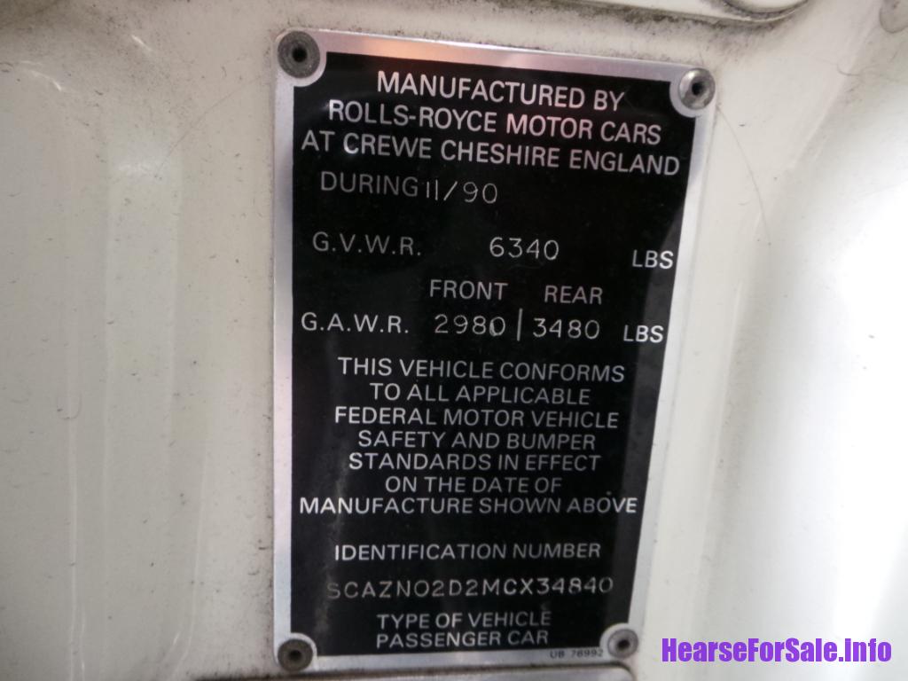 1991 Rolls-Royce Silver Spur II Hearse data plate