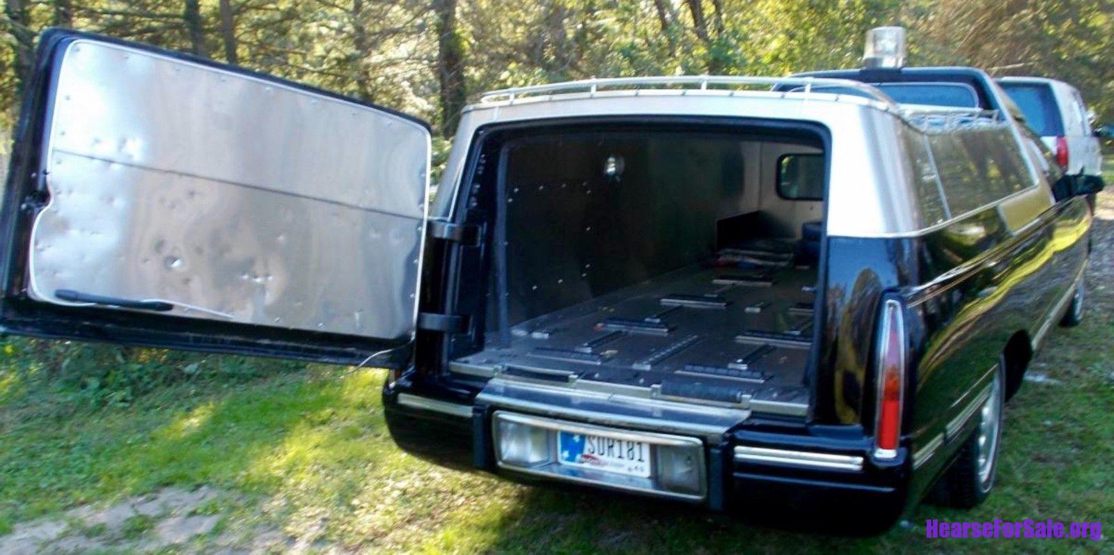 1999 Cadillac Coupe de Fleur Flower Car Hearse rear door open, casket compartment