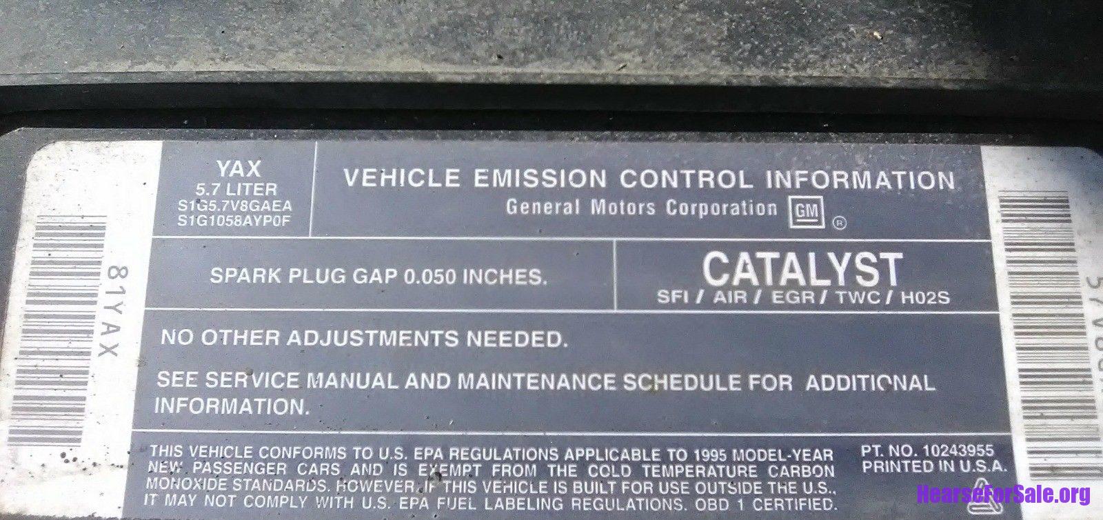 1995 Chevrolet Superior Chancellor Hearse emissions label 
