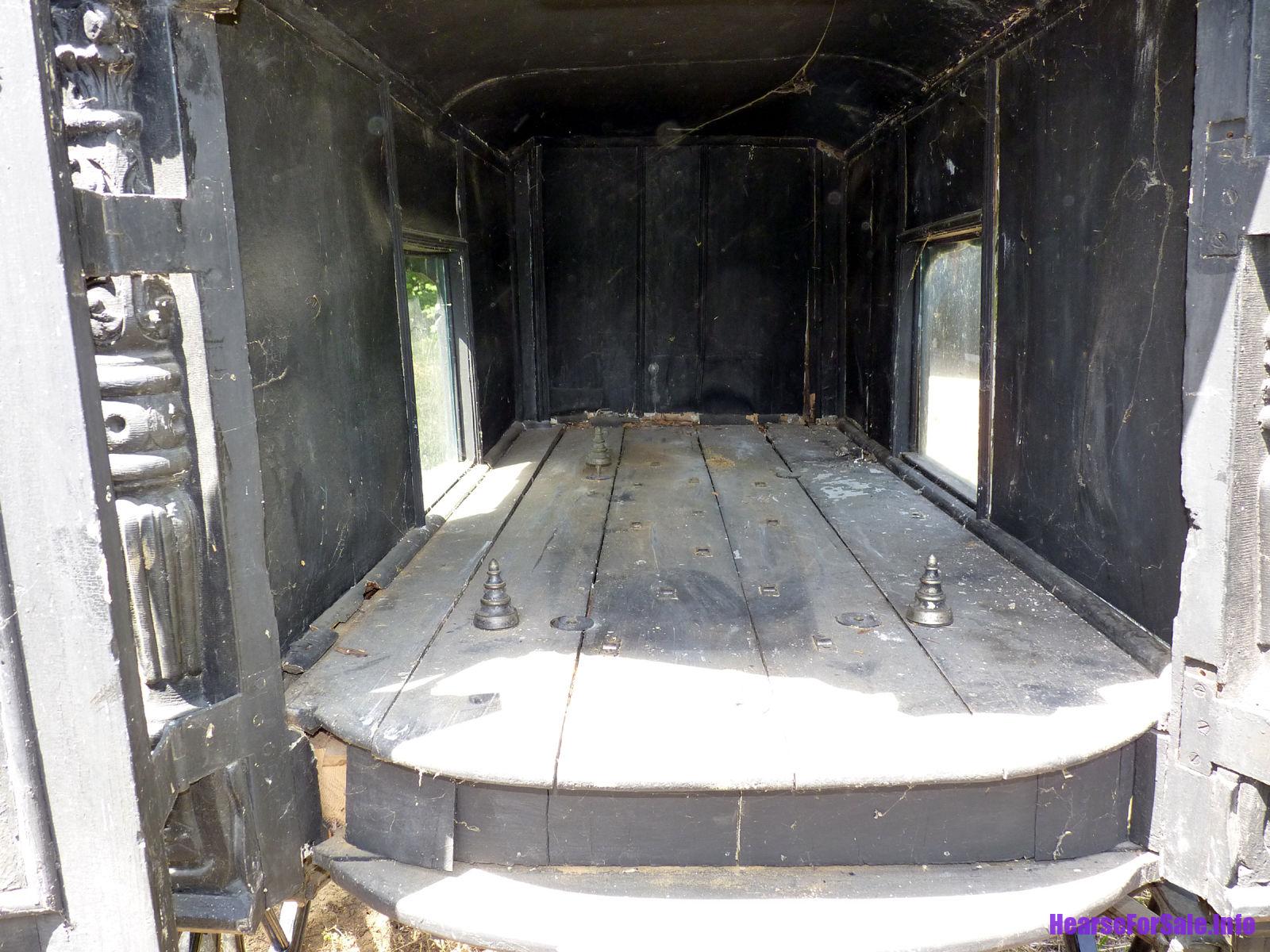 1875 Hand-carved Horse-drawn Hearse for a child or maiden. Casket compartment.